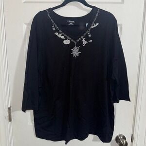 Liz & Me Womens Halloween V-Neck Top Black 3/4 Sleeve Glitter Graphic 1X 18/20W